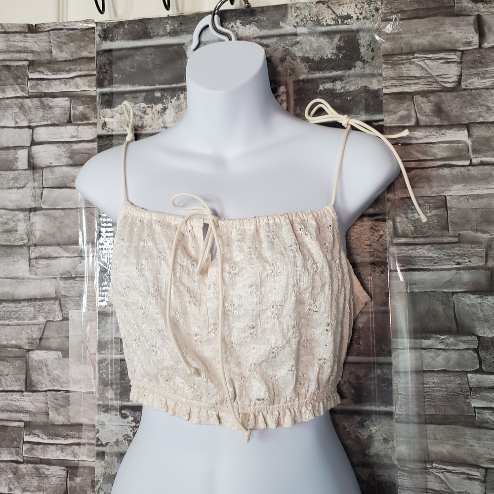 Divided Tie-top Lace-look Crop Top Eyelet Bohemian Romantic Sleeveless Cream Med